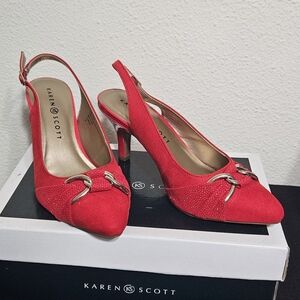 Karen Scott Red Pointed-Toe Slingback Heels with Buckle Accent